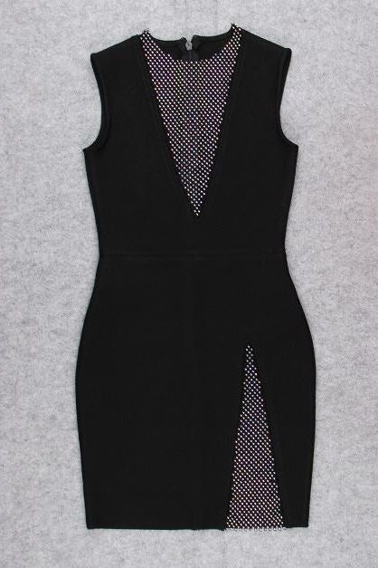 Classic Black Rhinestone Mesh Deep V-Neck Sleeveless Bodycon Mini Dress
