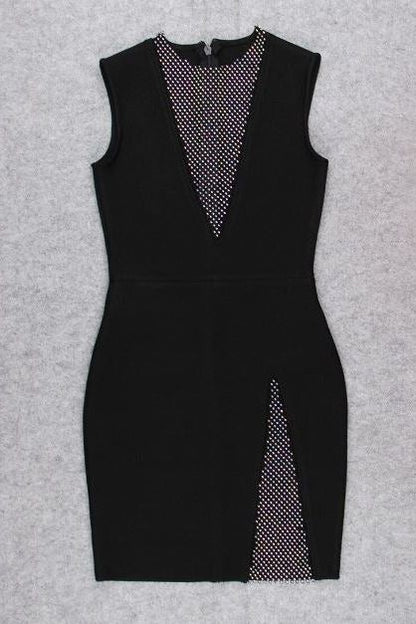 Classic Black Rhinestone Mesh Deep V-Neck Sleeveless Bodycon Mini Dress