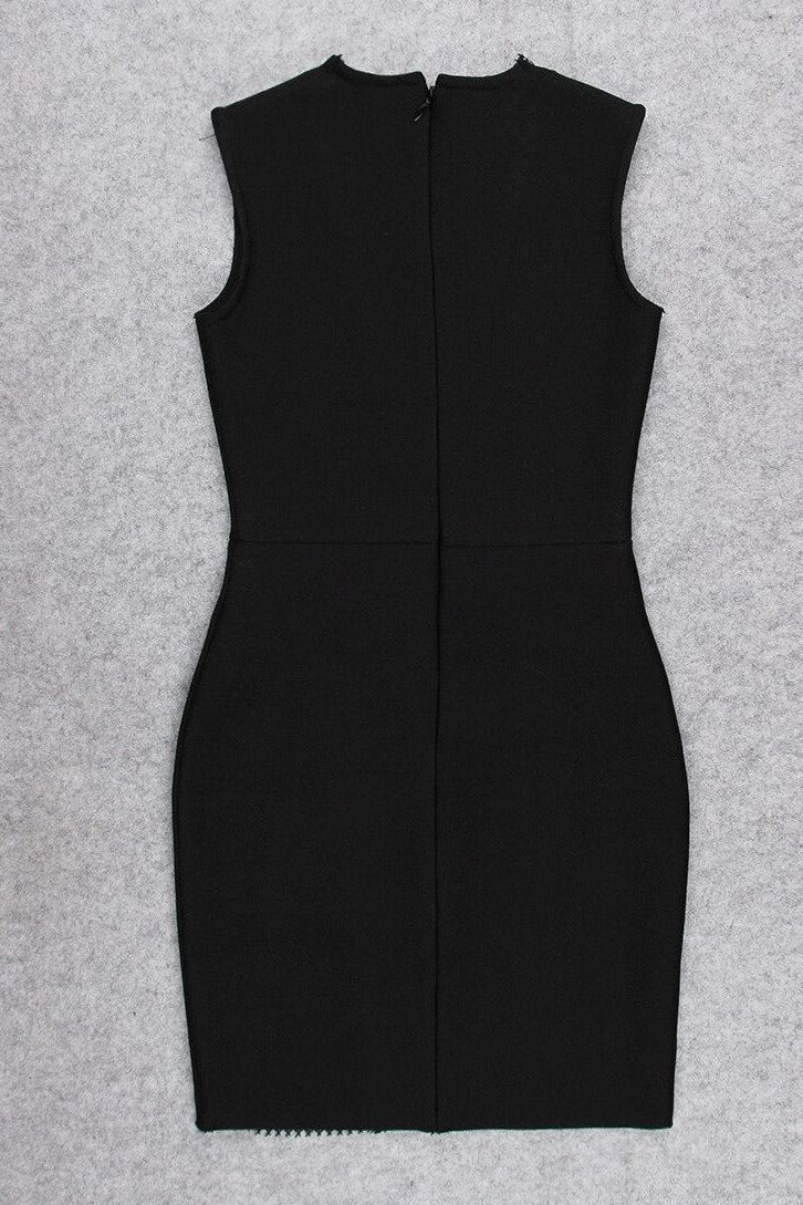 Classic Black Rhinestone Mesh Deep V-Neck Sleeveless Bodycon Mini Dress