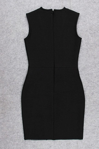 Classic Black Rhinestone Mesh Deep V-Neck Sleeveless Bodycon Mini Dress