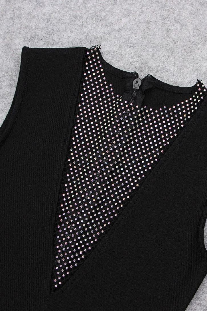 Classic Black Rhinestone Mesh Deep V-Neck Sleeveless Bodycon Mini Dress