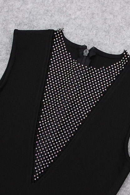Classic Black Rhinestone Mesh Panel Cut Out Sleeveless Bodycon Mini Dress