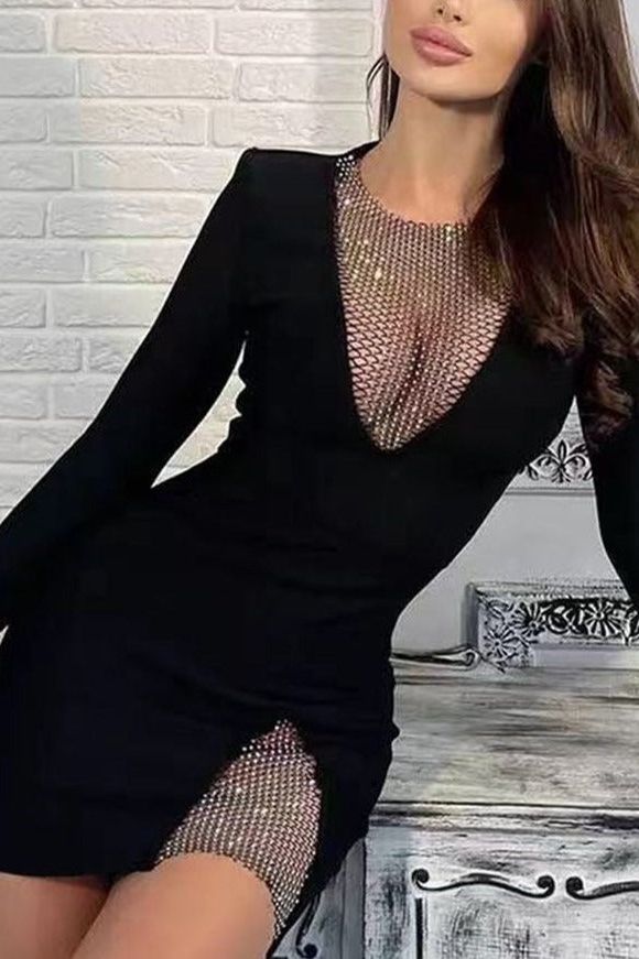 Classic Black Mesh Panel Deep V-Neck Long Sleeve Bodycon Mini Dress