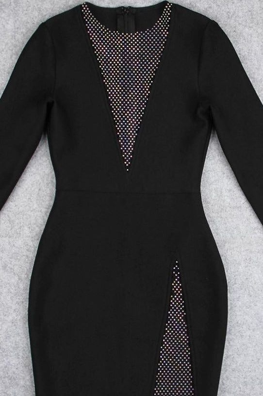 Classic Black Mesh Panel Deep V-Neck Long Sleeve Bodycon Mini Dress