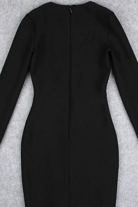 Classic Black Mesh Panel Deep V-Neck Long Sleeve Cut Out Bodycon Mini Dress