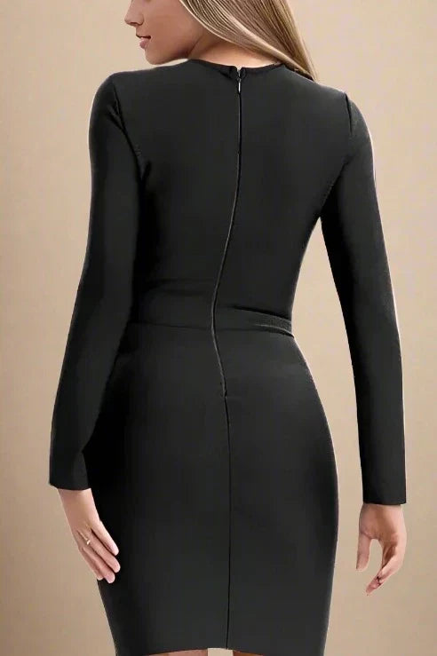 Classic Black Mesh Panel Deep V-Neck Long Sleeve Bodycon Mini Dress
