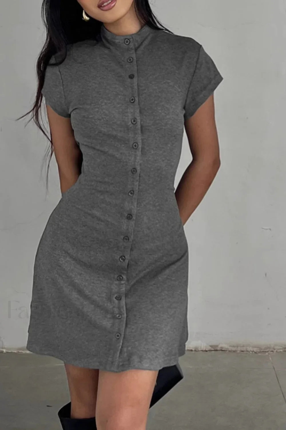 Solid Buttoned High Collar Bodycon A-Line Work Dress