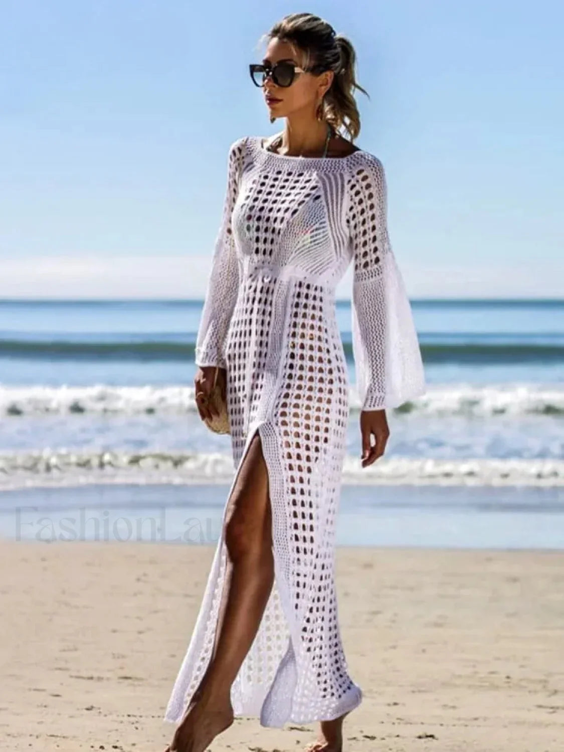 Solid Hollow Lace Up Slit Cut Cover Up