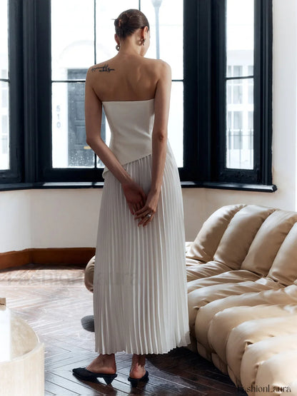Solid Pleated Strapless Split Dress