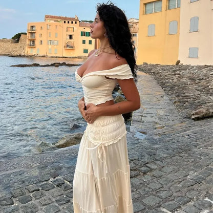 Solid Ruffle Maxi Skirt Knit Two Piece Set