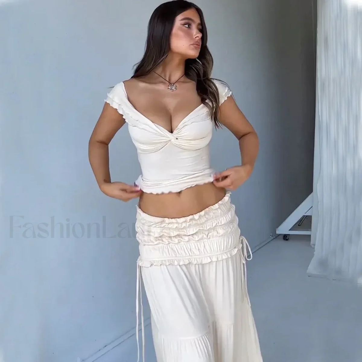 Solid Ruffle Maxi Skirt Knit Two Piece Set