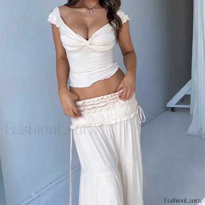 Solid Ruffle Maxi Skirt Knit Two Piece Set