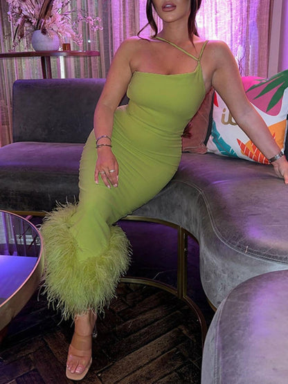 One Shoulder Cross Strap Feather Hem Bodycon Midi Dress