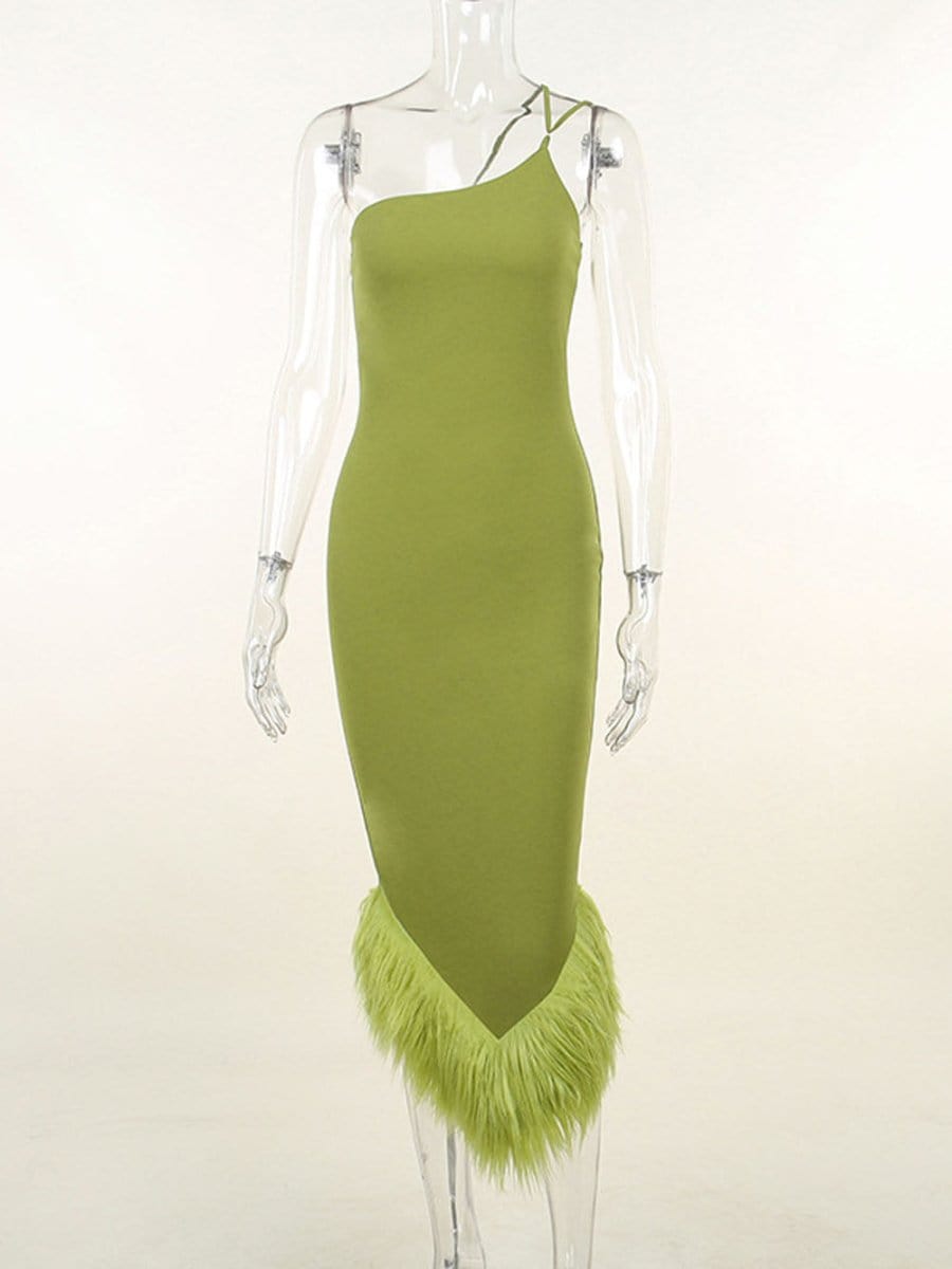 One Shoulder Cross Strap Feather Hem Bodycon Midi Dress