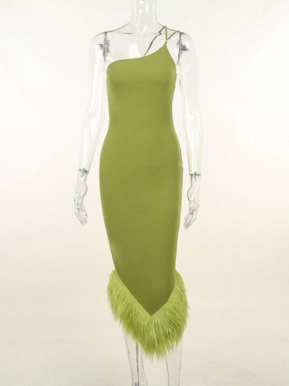One Shoulder Cross Strap Feather Hem Bodycon Midi Dress
