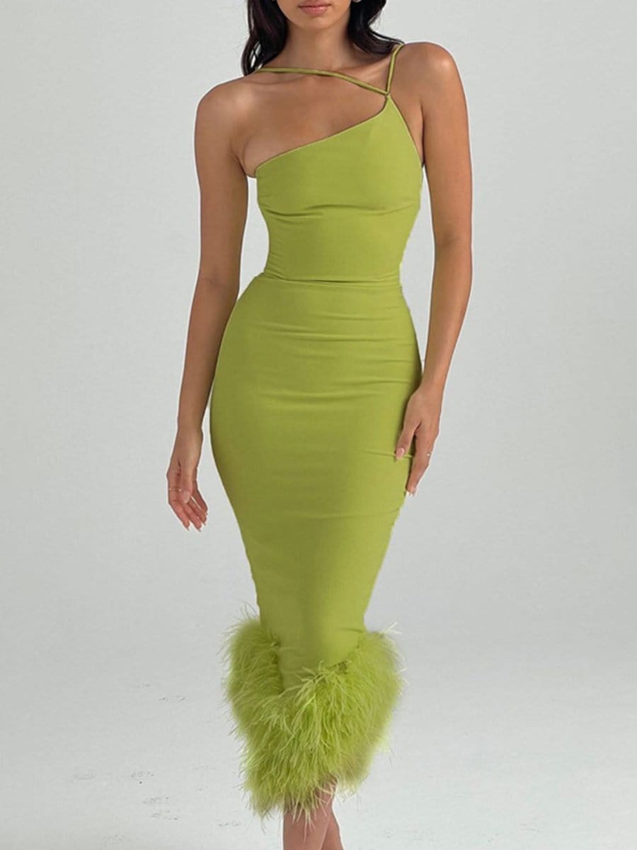 One Shoulder Cross Strap Feather Hem Bodycon Midi Dress