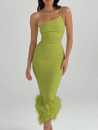 One Shoulder Cross Strap Feather Hem Bodycon Midi Dress