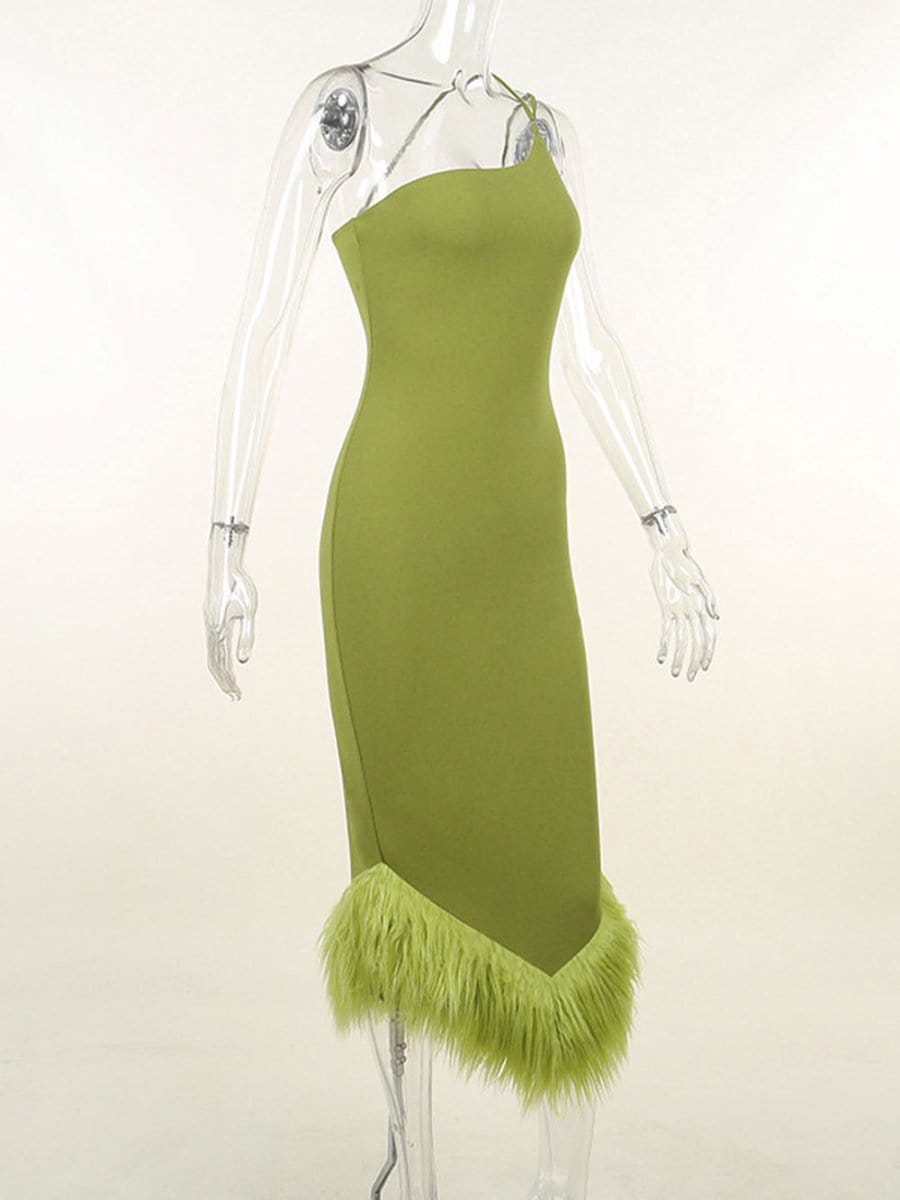 One Shoulder Cross Strap Feather Hem Bodycon Midi Dress
