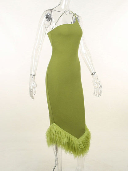 One Shoulder Cross Strap Feather Hem Bodycon Midi Dress