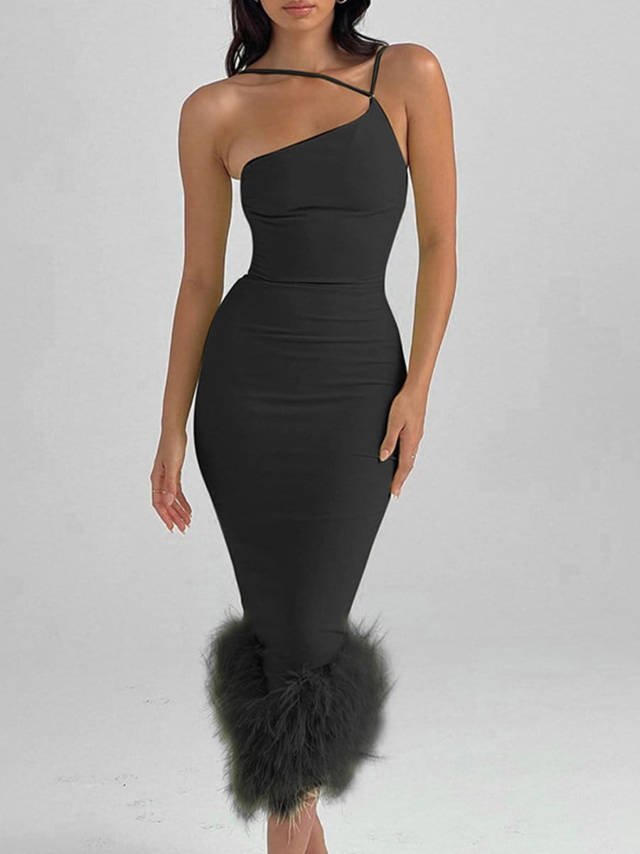 One Shoulder Cross Strap Feather Hem Bodycon Midi Dress