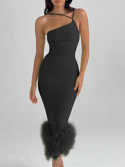 One Shoulder Cross Strap Feather Hem Bodycon Midi Dress