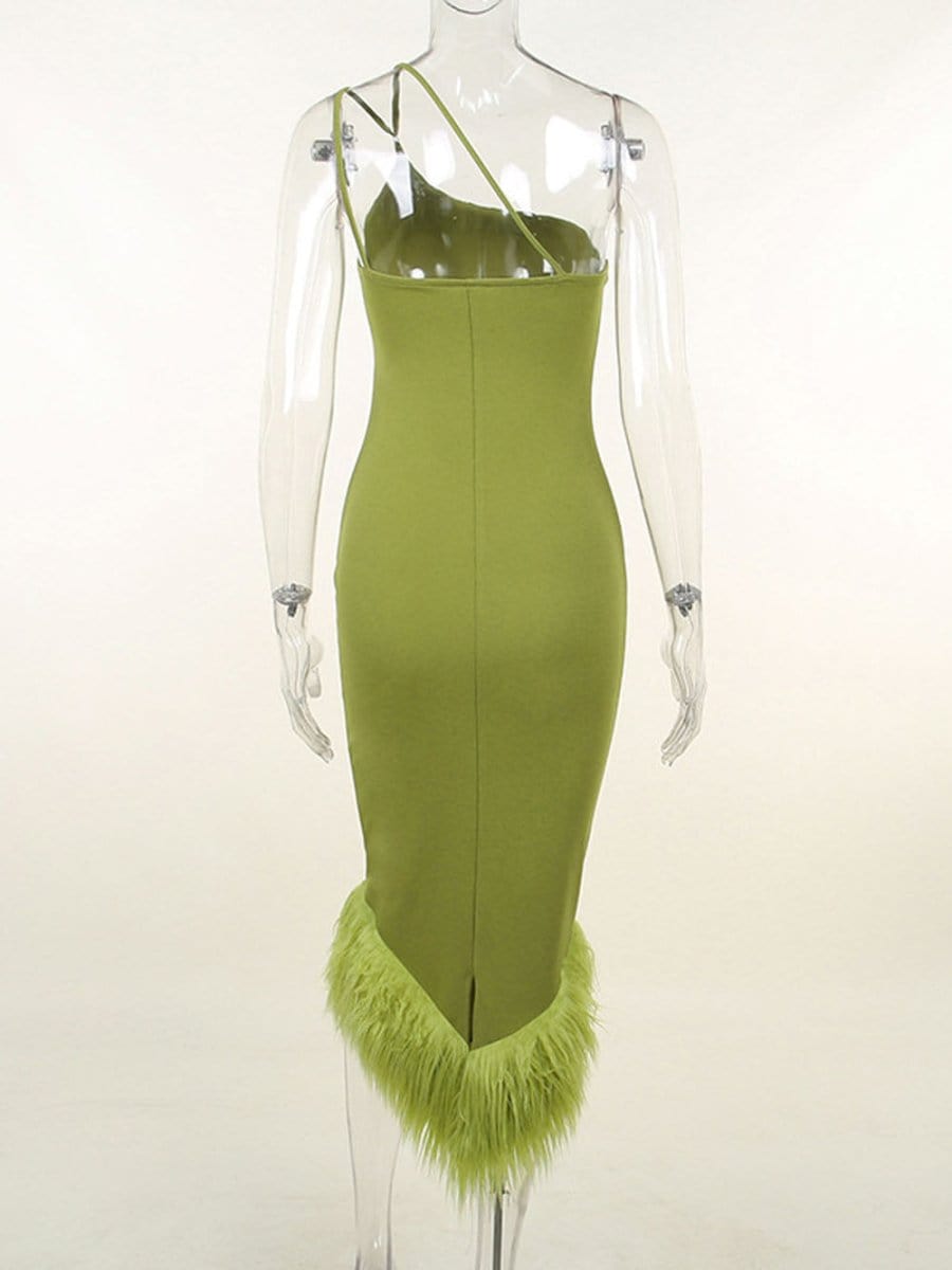 One Shoulder Cross Strap Feather Hem Bodycon Midi Dress