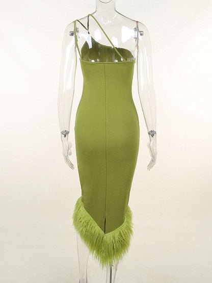 One Shoulder Cross Strap Feather Hem Bodycon Midi Dress