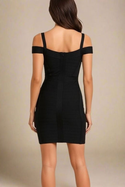 Classic Black Sweetheart Cold Shoulder Criss Cross Seam Bandage Mini Dress