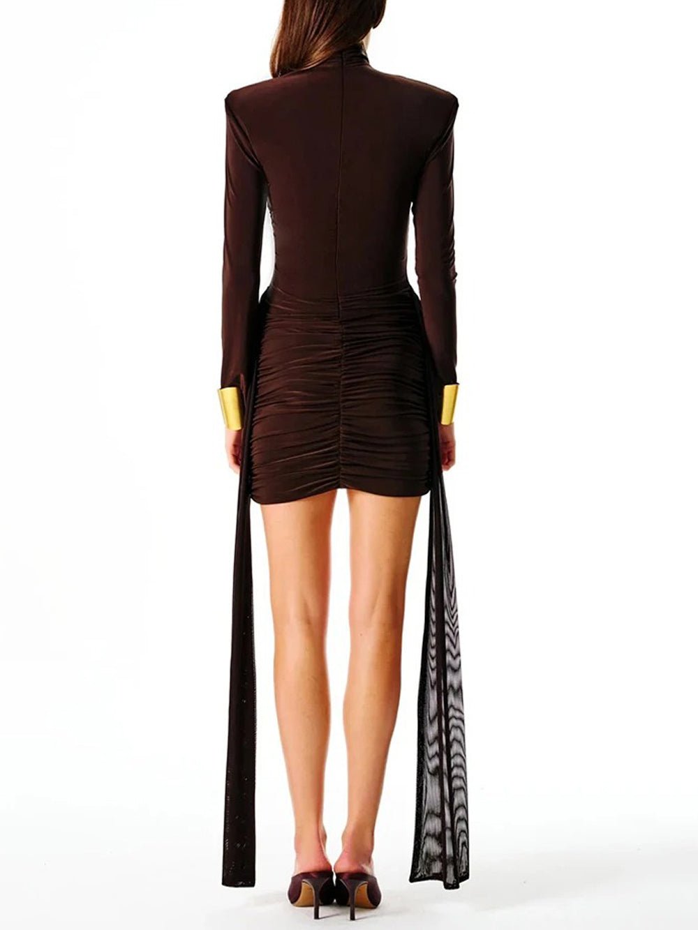 Mock Neck Padded Shoulder Long Sleeve Ruched Streamer Panel Mini Dress