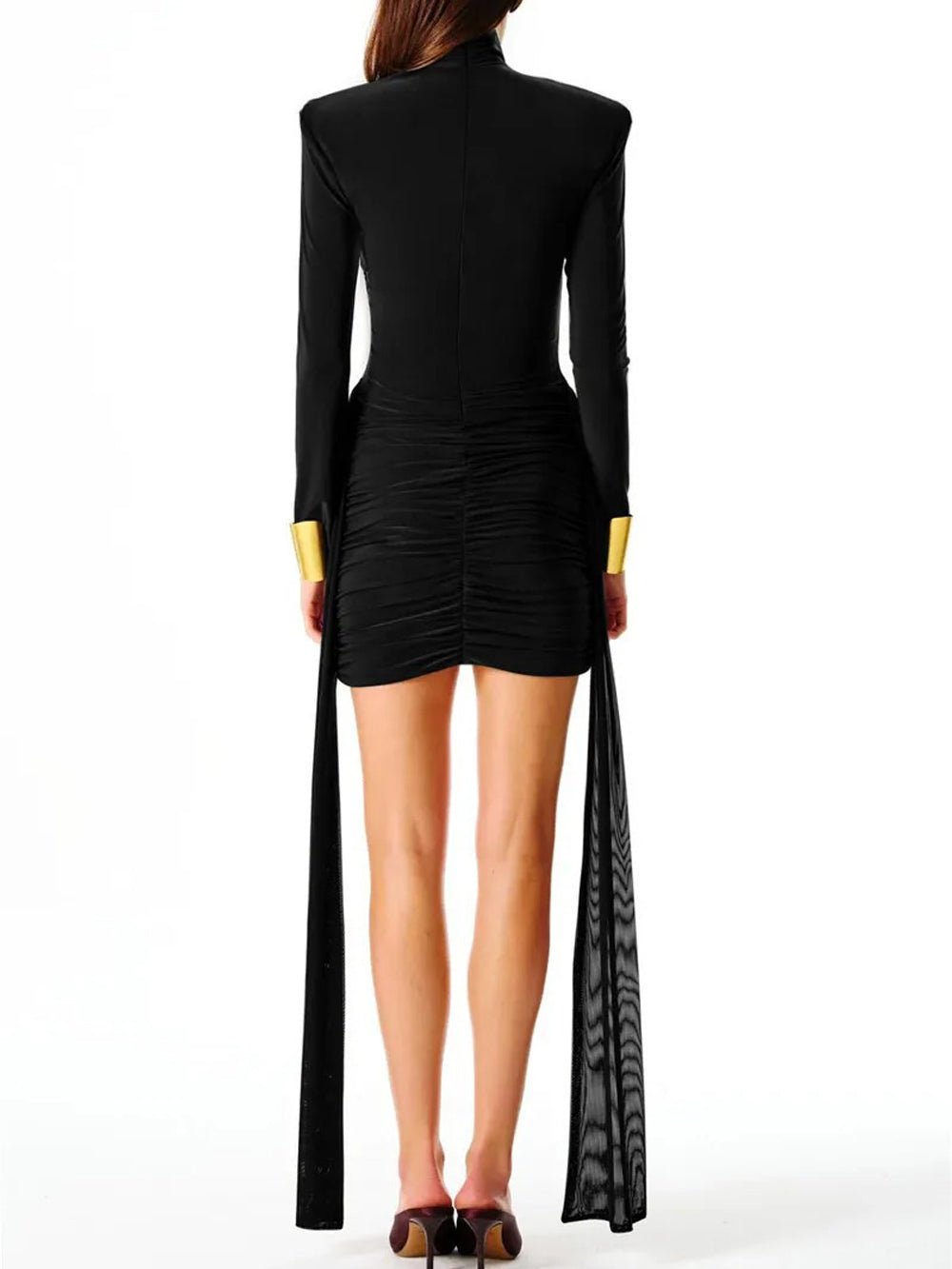 Mock Neck Padded Shoulder Long Sleeve Ruched Streamer Panel Mini Dress
