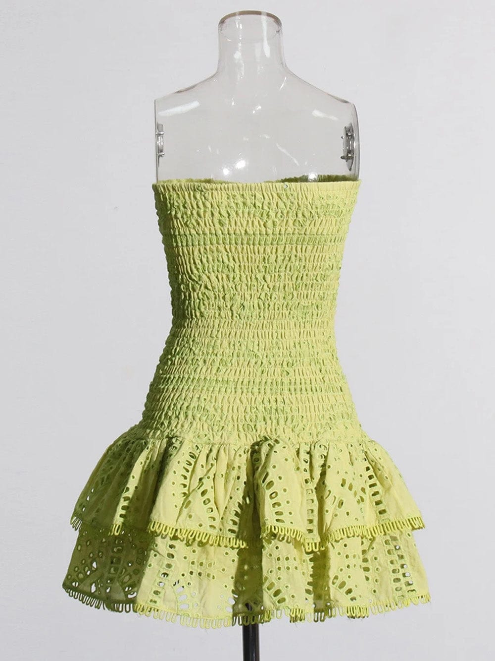 Eyelet Embroidery Smocked Strapless Tiered Ruffle Mini Dress