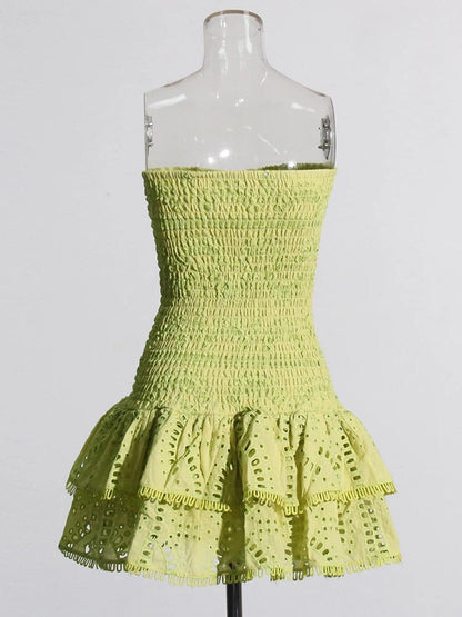 Eyelet Embroidery Smocked Strapless Tiered Ruffle Mini Dress
