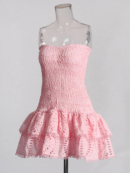 Eyelet Embroidery Smocked Strapless Tiered Ruffle Mini Dress