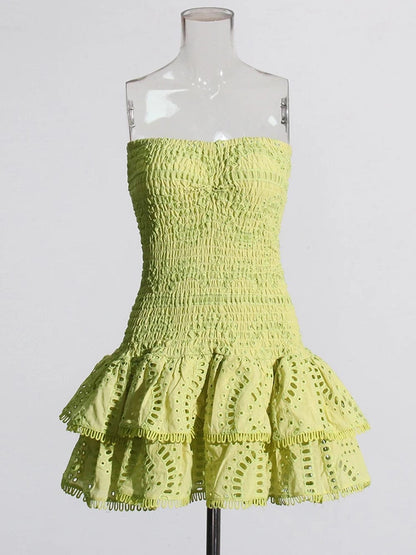 Eyelet Embroidery Smocked Strapless Tiered Ruffle Mini Dress