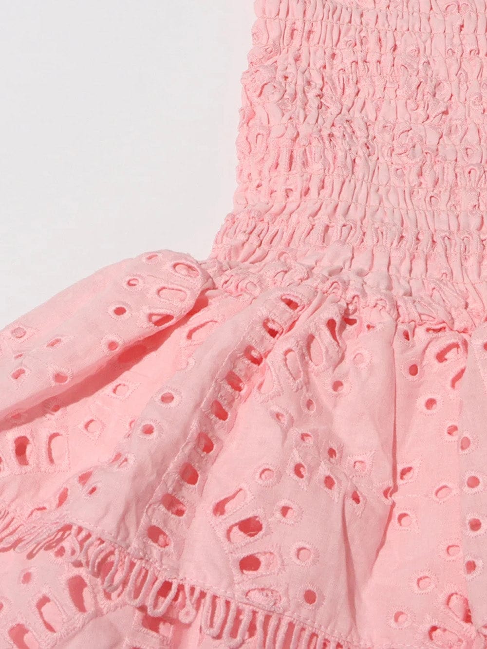 Eyelet Embroidery Smocked Strapless Tiered Ruffle Mini Dress
