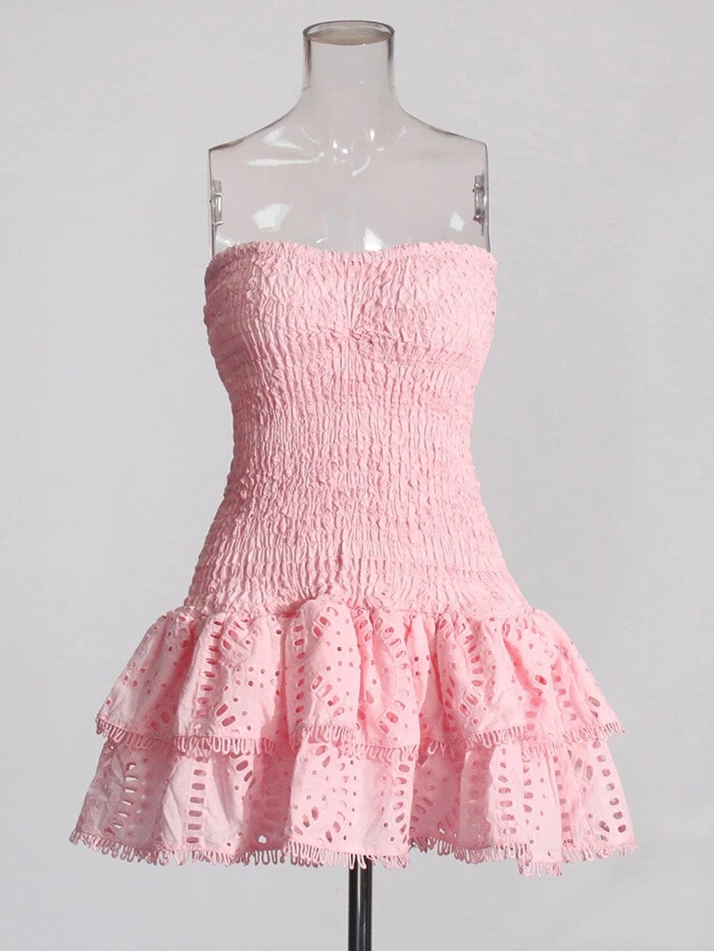 Eyelet Embroidery Smocked Strapless Tiered Ruffle Mini Dress