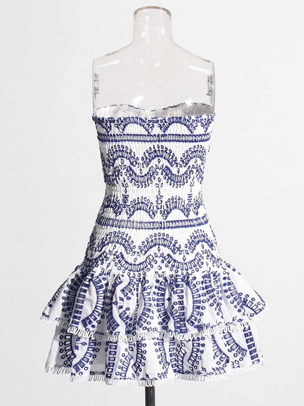 Eyelet Embroidery Smocked Strapless Tiered Ruffle Mini Dress