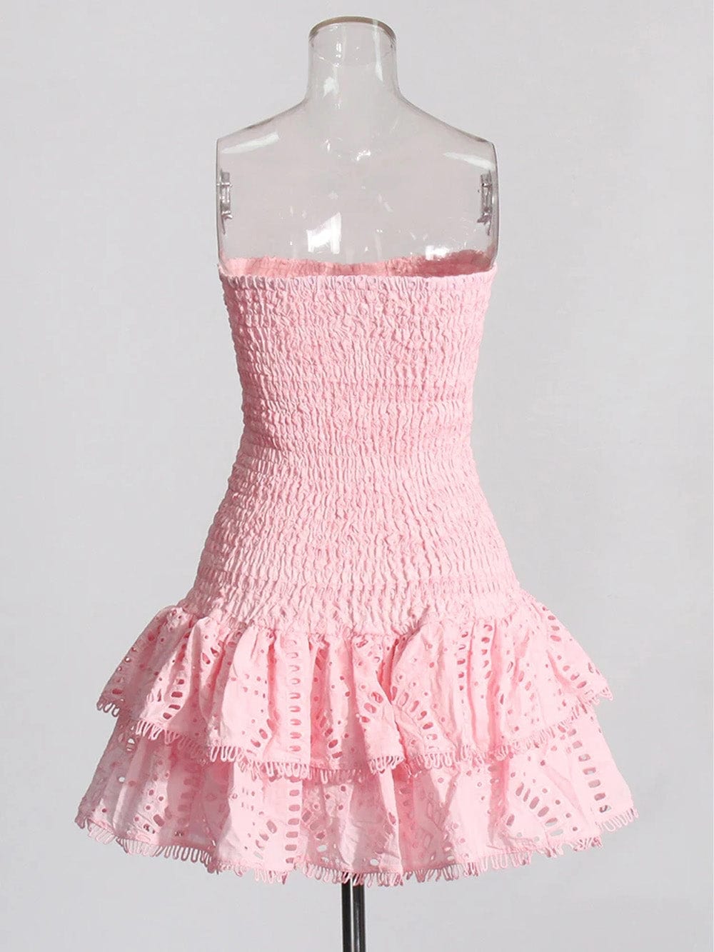 Eyelet Embroidery Smocked Strapless Tiered Ruffle Mini Dress