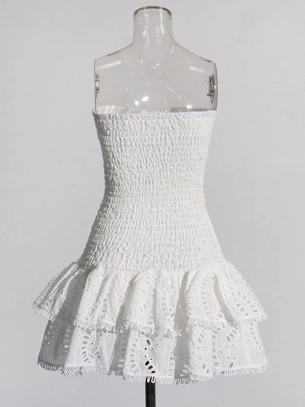 Eyelet Embroidery Smocked Strapless Tiered Ruffle Mini Dress
