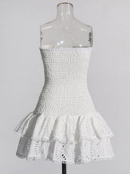 Eyelet Embroidery Smocked Strapless Tiered Ruffle Mini Dress