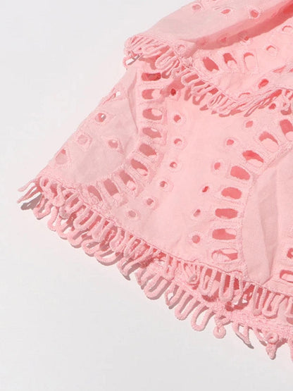 Eyelet Embroidery Smocked Strapless Tiered Ruffle Mini Dress
