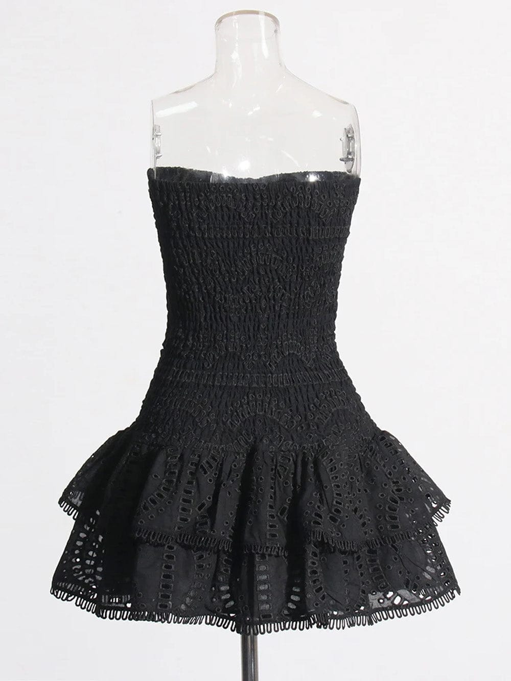 Eyelet Embroidery Smocked Strapless Tiered Ruffle Mini Dress