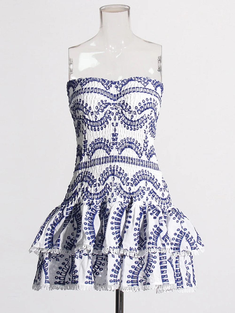 Eyelet Embroidery Smocked Strapless Tiered Ruffle Mini Dress