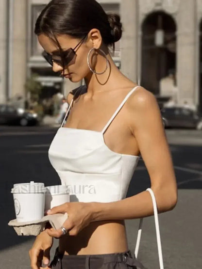 Spaghetti Strap Backless Lace Up Crop Top