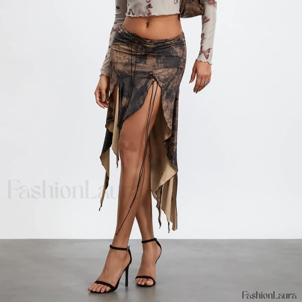 Split Tie-Up Midi Ruffle Skirt