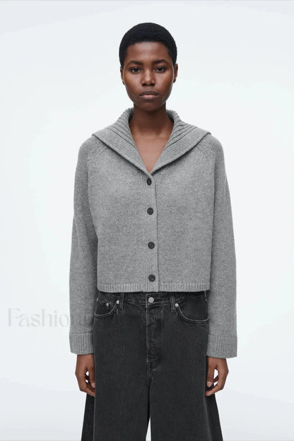 Spring Gray Crew-neck Knit Cardigan