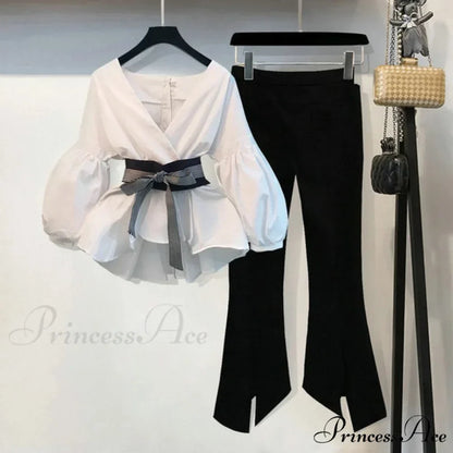 Spring Women's Bow Pants Lantern Flare Black + Striped Split Warm-Season Blouse Arm Arm Set