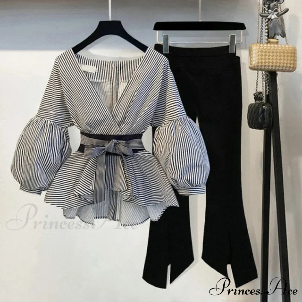 Spring Women's Bow Pants Lantern Flare Black + Striped Split Warm-Season Blouse Arm Arm Set