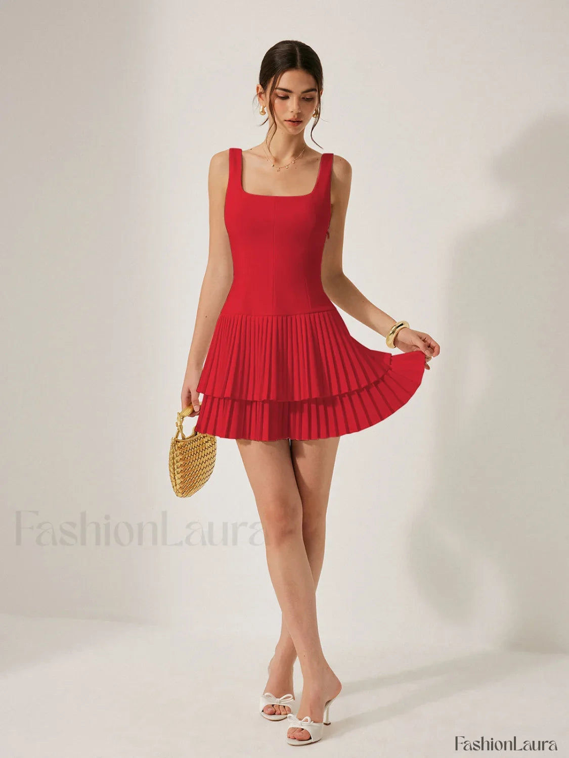 Square Neck Pleated Dress