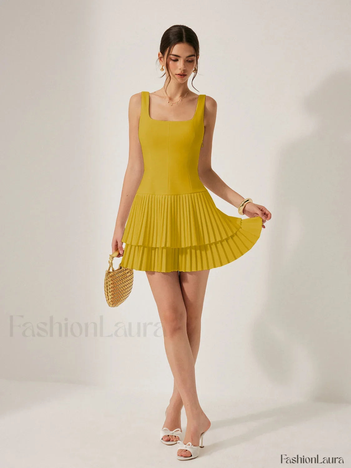 Square Neck Pleated Dress